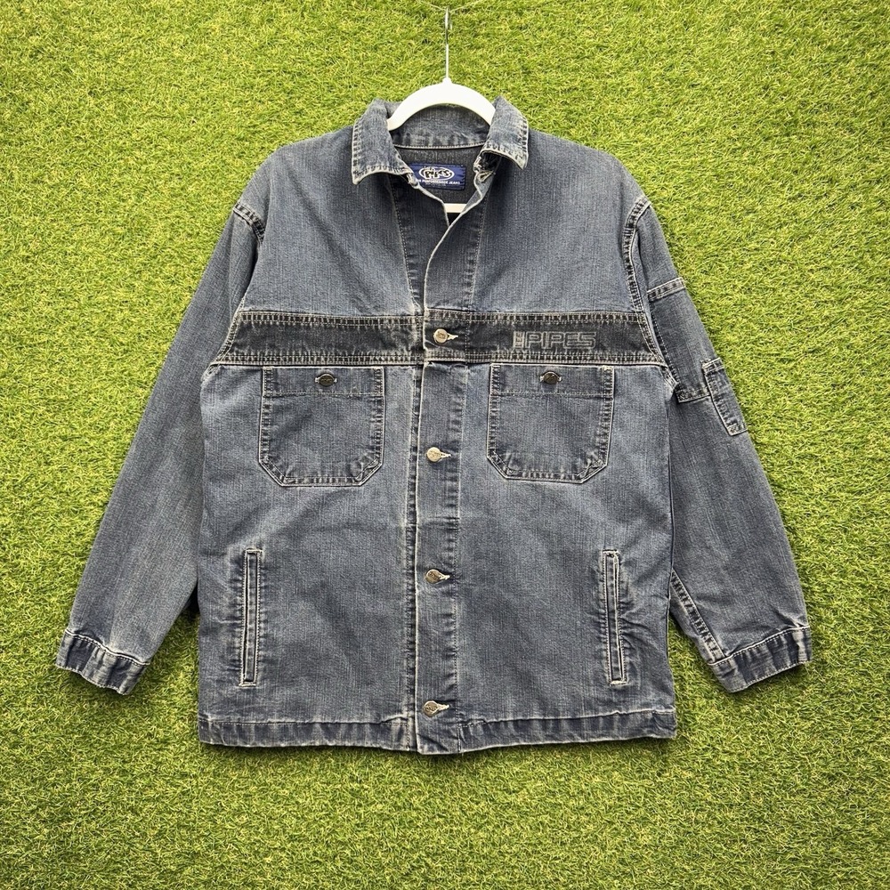 Vintage Lee Pipes Jean Jacket Mens Small Skateboarding BMX Grunge 90s Y2K Alt